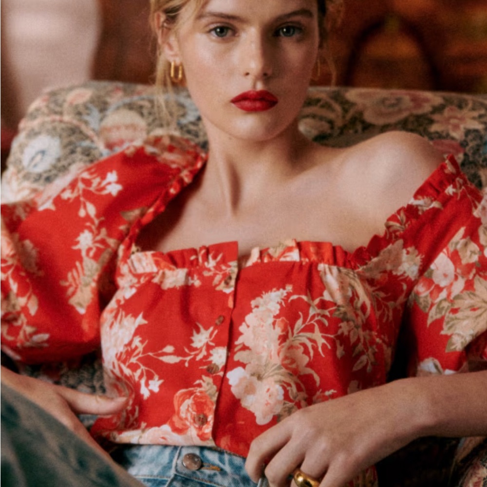 Sezane Kellia Floral Red Off-Shoulder Top 34